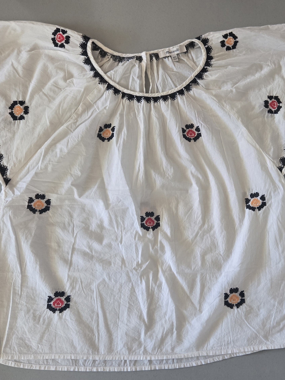 Madewell Womens White Black Floral Embroidered Flutter Sleeve Boho Blouse XXS